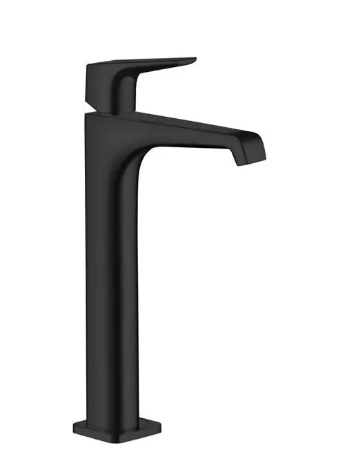 Schwarzer Einhebel-Waschtischmischer von AXOR mit Hebelgriff, geeignet für Aufsatzwaschtische. Klare Linien und modernes Design.